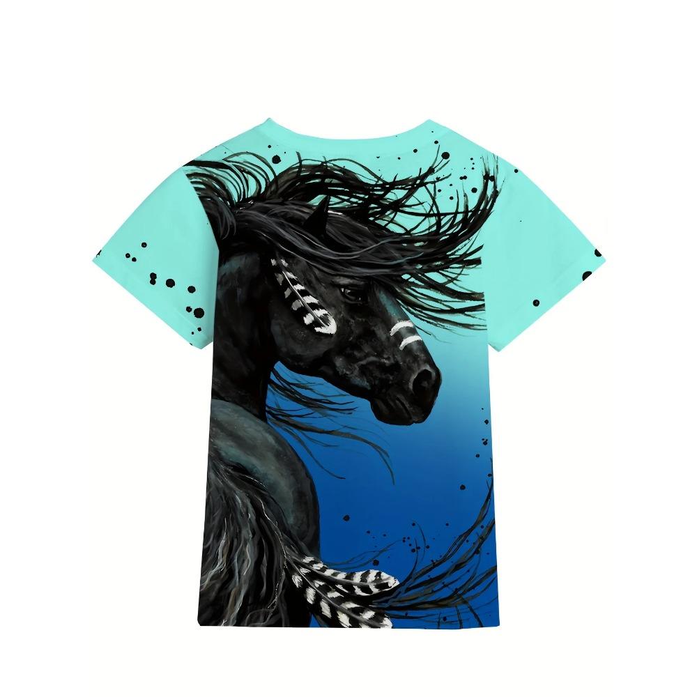 Girls Fashionable 3d Horse Graphic Tee Comfortable Crew Neck Children Girl Short Sleeve Tops Summer Outdoor Kids Clothes