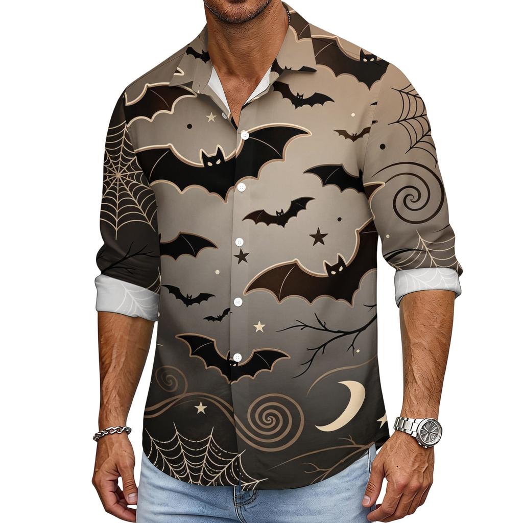 Men's Loose Fit Long Sleeve Shirt Halloween Design Breathable Casual Vintage Style Button Down Shirt for Spring and Autumn Outdoor Workwear