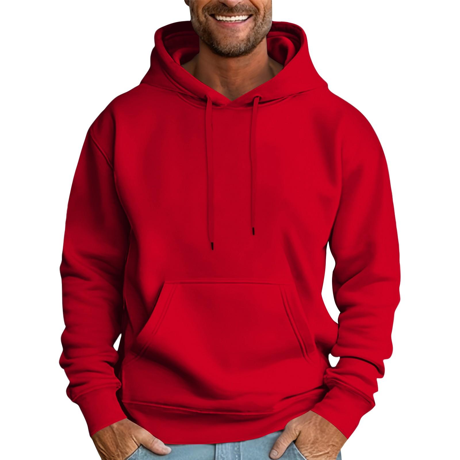 Men's Casual Loose Sweatshirt Solid Color Drawstring Large Pocket Hoodie Sports Sweatshirt XXXL red