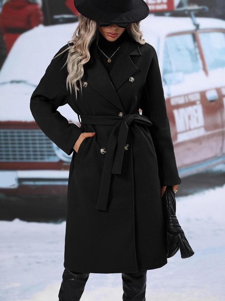 2025 Cross-Border Double-Breasted Solid Color Wool Coat with Lapel - Extra Long for Spring & Autumn