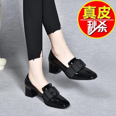 Square Buckle Shoes Real Soft Leather Single Shoes Women's Summer Middle Heel Thick Heel Women's Shoes 2025 New Spring and Autumn British Style Square