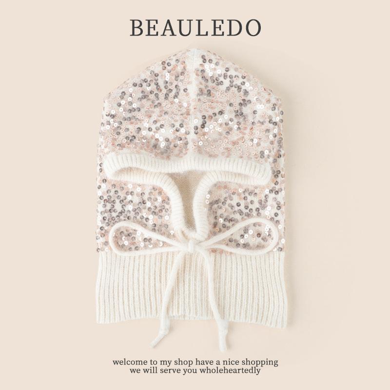 Sequined bald hat women's autumn and winter cute ear protectors lace up to show the face small wool knitted hat
