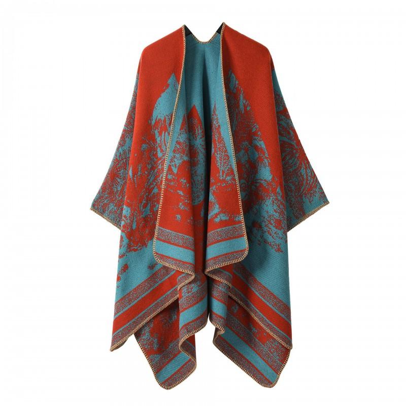 Womens Open-Slit Cape Shawl With Fringe Trim Double-Sided Knit Wrap In Vintage Style Travel Warmth
