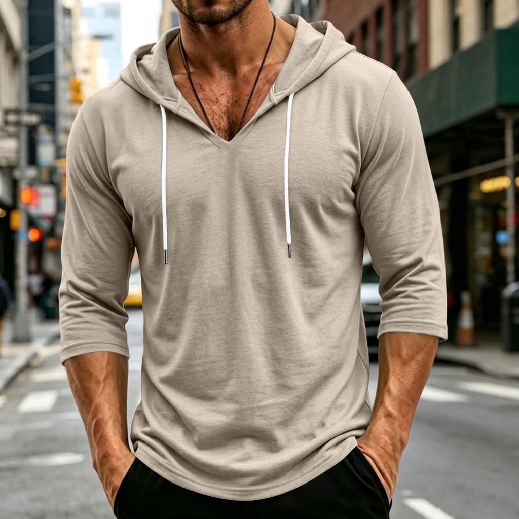 Men's Loose Fit Casual Hoodie Lightweight Pullover with 3/4 Sleeve Drawstring Hooded Shirt for Everyday Wear
