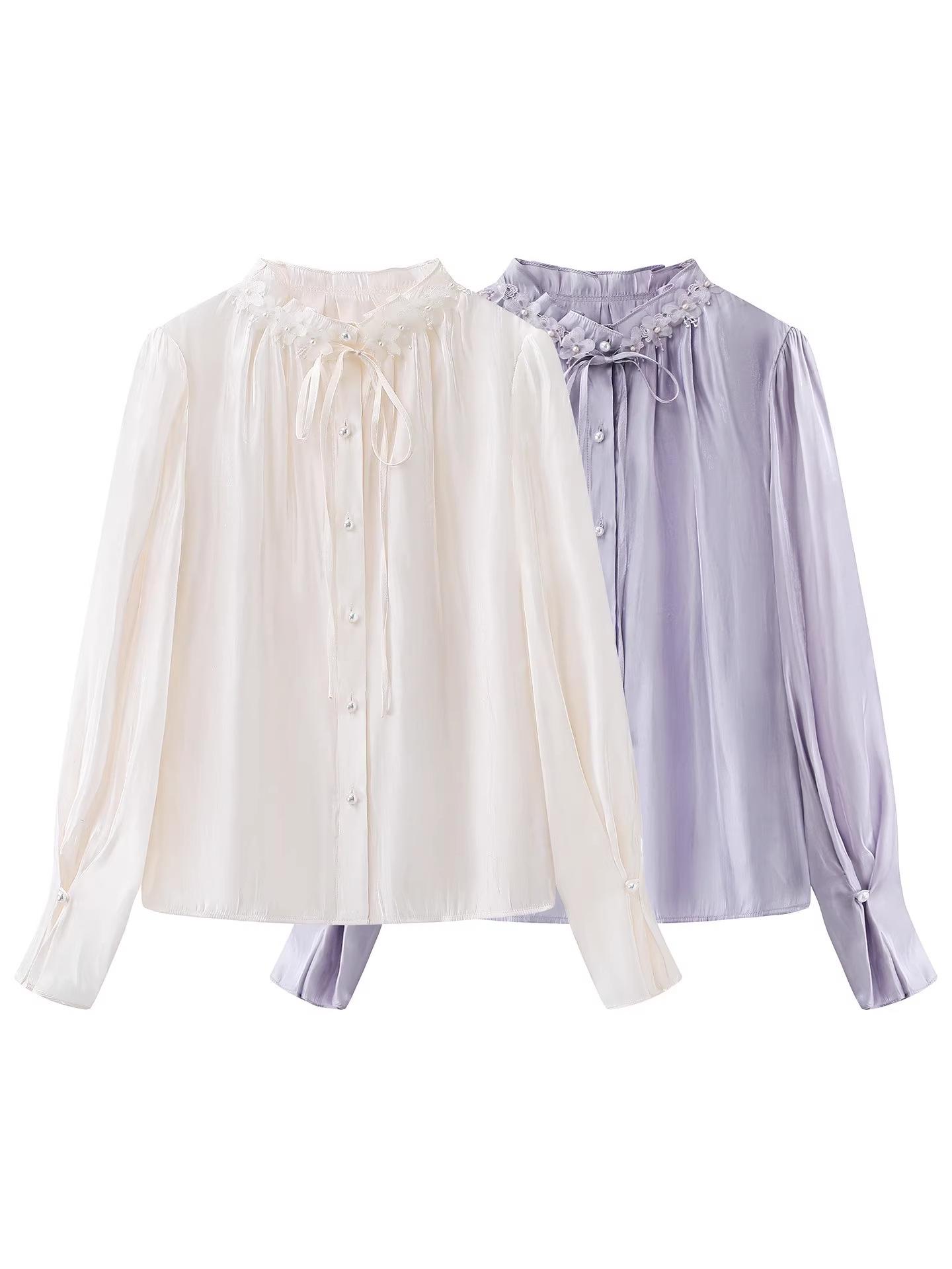 2026 Spring Pearl Flower Bell Sleeve Women s Fragrance French Collar Shirt Small бежевый