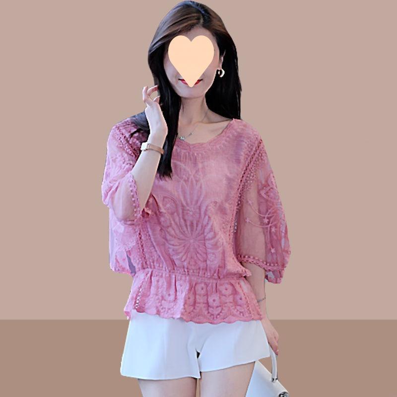 Flower Half Sleeve Shirt Women Elegant Fashion Chiffon Blouse Summer Cotton Edge Lace O Neck Loose Shirt