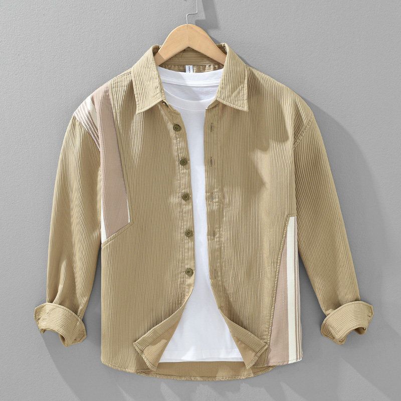 Men s Designer Patchwork Shirts for Spring and Autumn, Light Luxury Casual Stylish Tops with Color-Blocking Fashion Khaki(2420) M