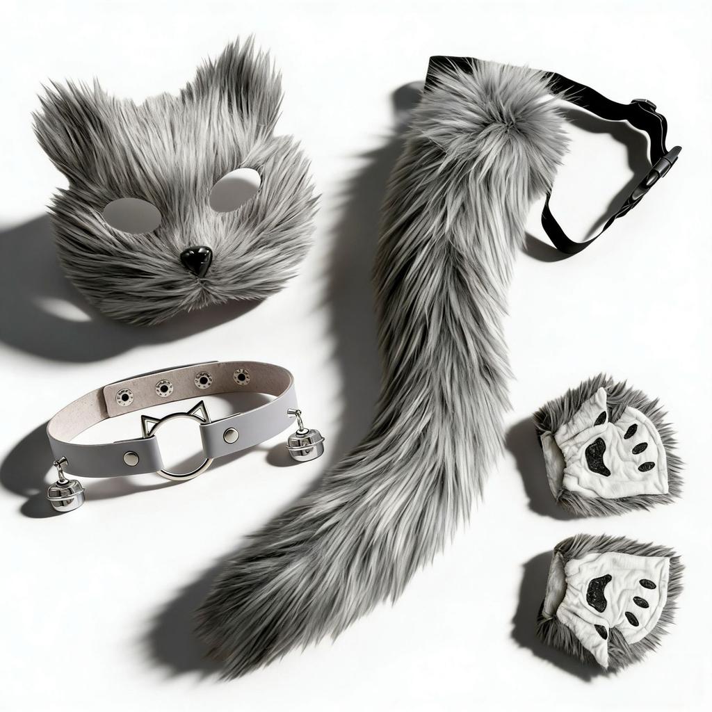 Womens Cosplay Set Animal Ears Mask Plush Gloves Tail Bell Collar Halloween Party