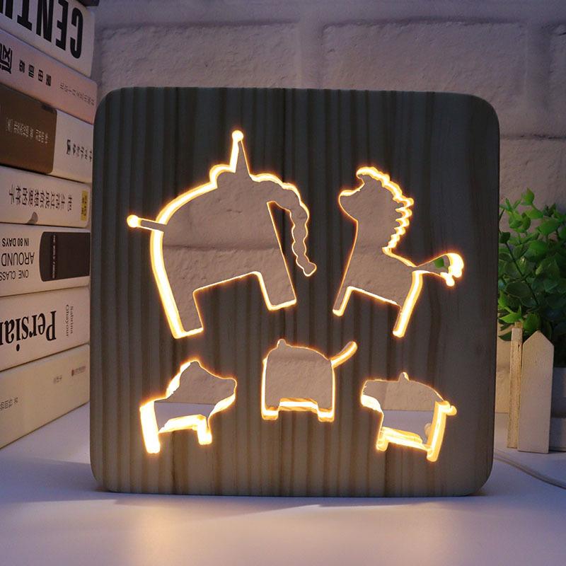 Creative 3D Night Lamp Corporate Gift Design Letter Music Notes Solid Wood Hollowed-out Carving LED Desk Lamp Wooden