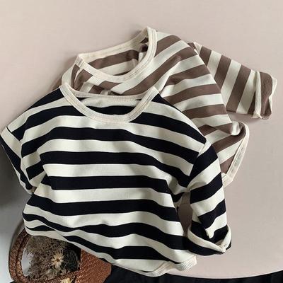 Camiseta Listrada de Manga Longa para Meninas Estilo Coreano - Top Casual Tendência para Crianças Pequenas para Primavera e Outono 2025