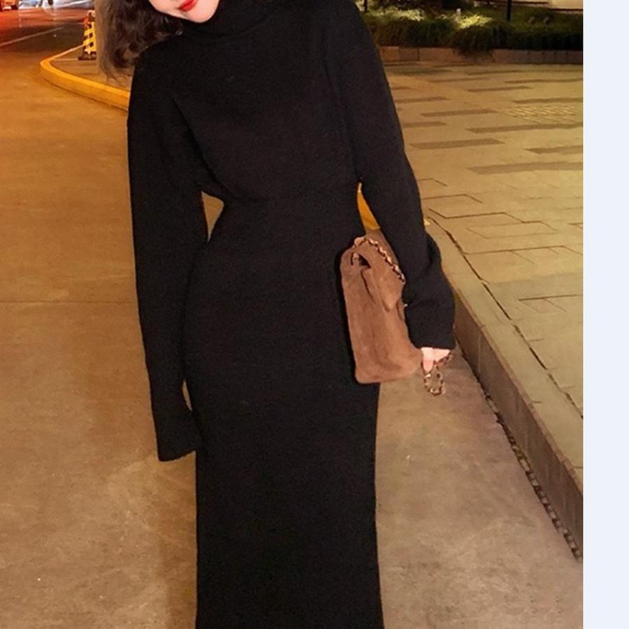 Long-Sleeve High Neck Knit Dress with Wide Leg, Korean Style Inner Dress for Women Autumn Winter