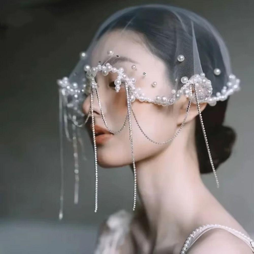 Tassels Wedding Veils Pearls Beads Bride Head Gauze Elegant Brides Veil Bride Jewelry