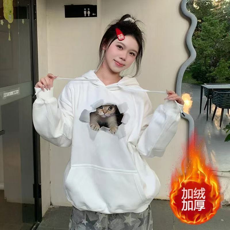 

Medium and long trend printed hooded sweater autumn and winter Korean version lazy style design sense loose ins style XXL