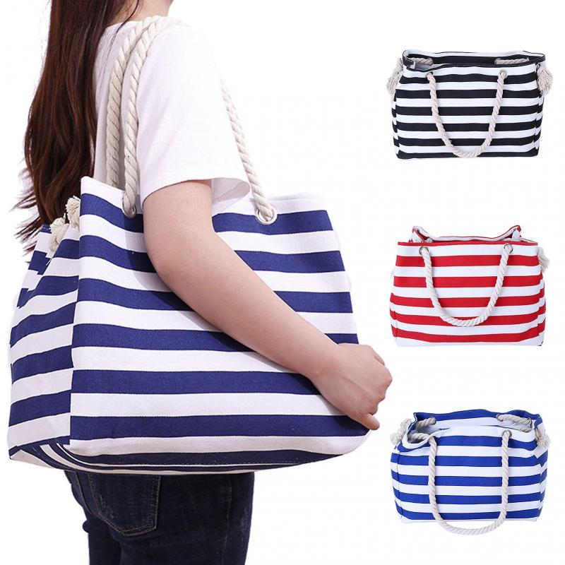 Tote Bag Large Capacity Zipper Closure Strong Load Bearing Striped Pattern Multi-use Storage Portable Foldable Women Beach Bag Travel Supplies