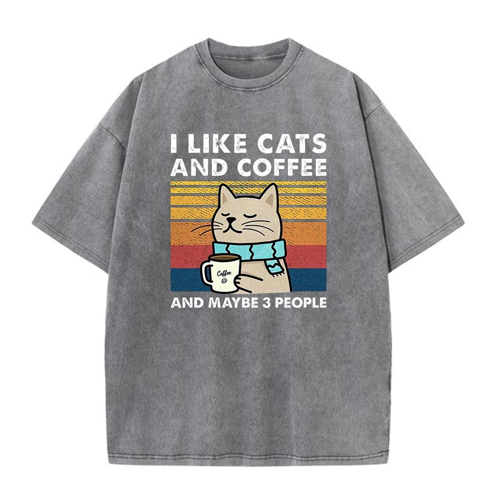 Unisex Cotton T-Shirt - I Love Cats Coffee Graphic Print Oversized Streetwear Hip Hop T-Shirt for Men Women Couple Matching