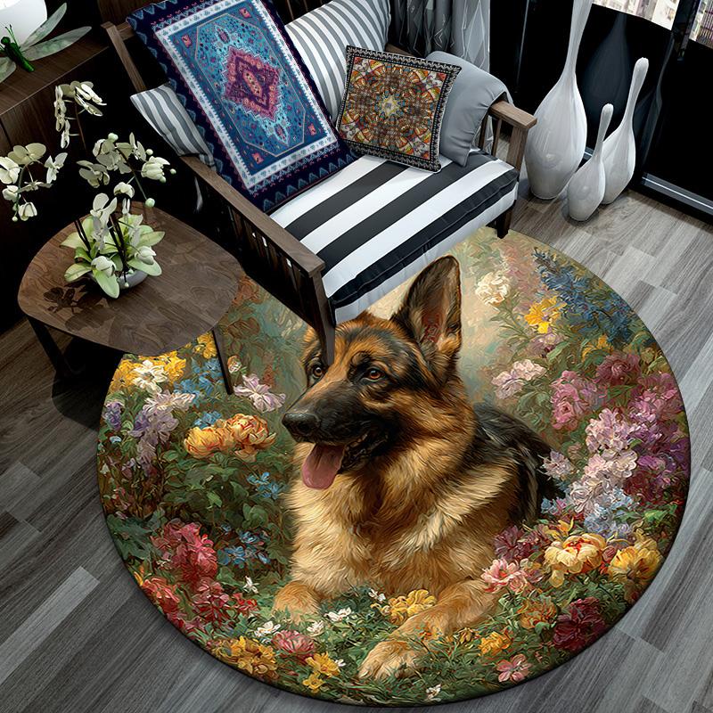 German Shepherd Round Area Rug,Carpet Rug for Living Room Bedroom Sofa Playroom Decor,Non-slip Floor Mat