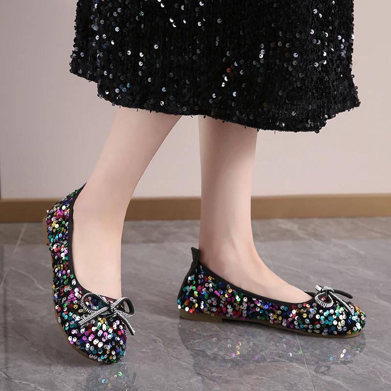 Fashion Shoes Female 2025 Fashion Shallow Women's Flats New Daily Plus Size Sequins Butterfly-knot Light Soft Bottom Flat Low Heels