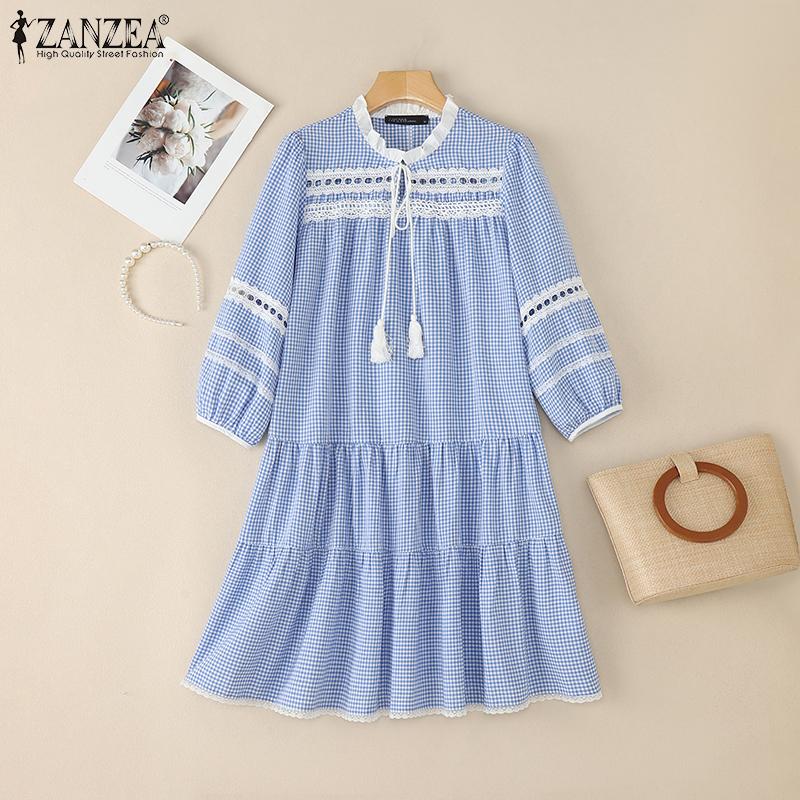 ZANZEA Women Casual Round Neck 3/4 Sleeve Loose Plaid Print Dress