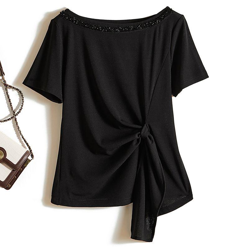 

Super Slim! Intellectual Ol Women Summer Elastic Cotton Yarn Breathable Lace-up Irregular Split Nail Bead Collar T-shirt Black Black L