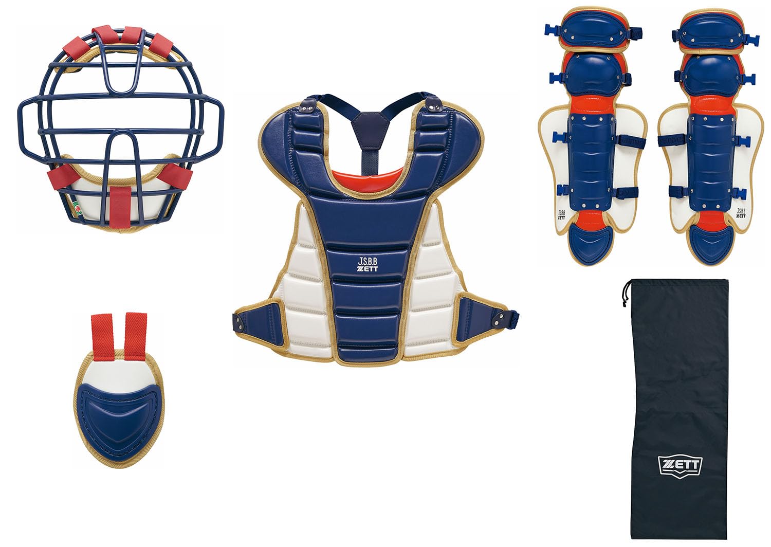 

ZETT Junior Soft Baseball Gear Navy x Gold Made in BL7330A Catcher s 4-Piece Set, (2982N), Japan,
