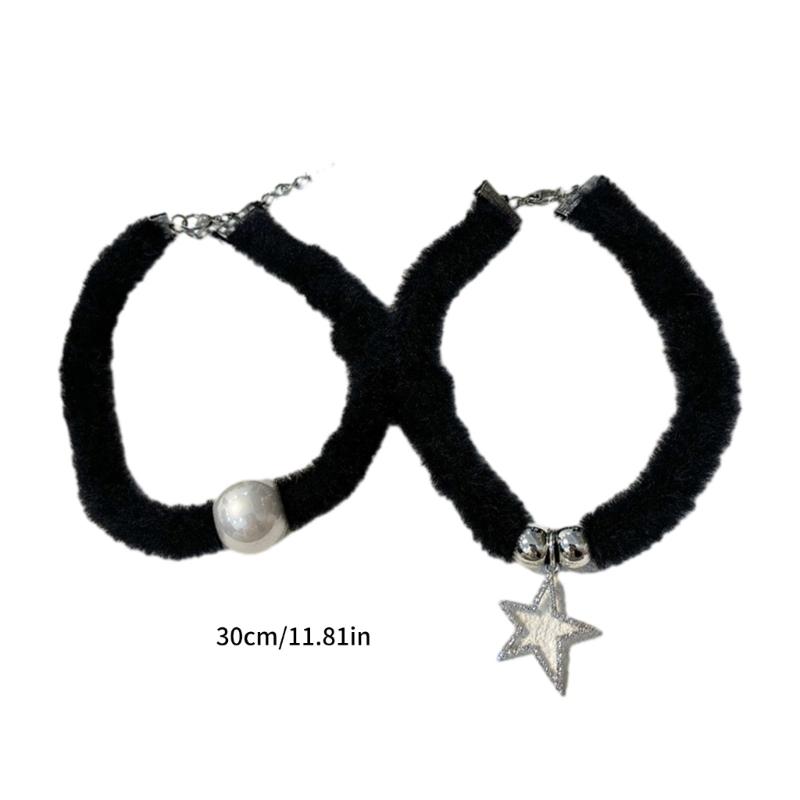 Soft Necklace Star/Round Bead Collarbone Chain Elegant Black Plush Neckchain Choker Pentagrams Accessory for Women