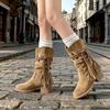 7CM Inner Heightening Thick-soled Medium Boots Children's 2025 New Thick Heel Retro Fringed Strap Stacking Boots Western Boots