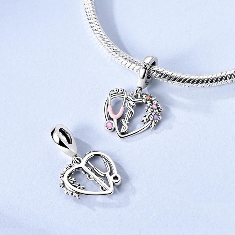 Original Copper Charm Bead Snake Relies Pink Heart Stethoscope Pendant For Women Diy Fit Original Bracelet Necklace