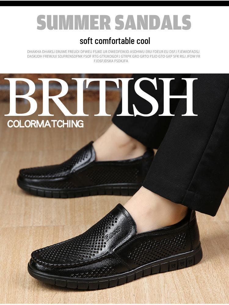 Men's Summer Breathable Leather Sandals - Hollow Out Design, Soft Sole, Cowhide for Middle-Aged & Elderly.