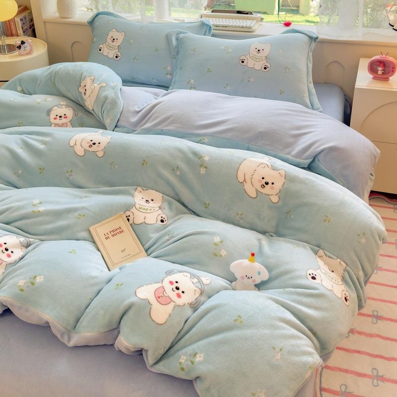 Thickened Milk Fleece Four-Piece Set, Coral Flange Double-Sided Fleece Quilt Cover, Bed Sheet, Bed Hat Three-Piece Set