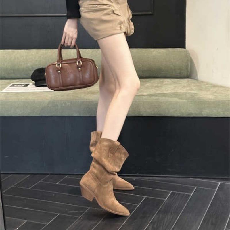 Autumn and winter new suede pointed thick heel medium heel short boots medium boots high heel pile boots western cowboy boots