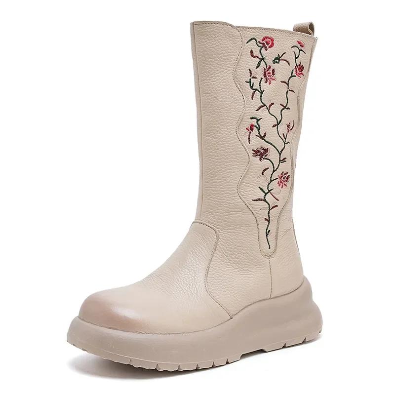 Fashion 5CM Luxury Design Women Mid Calf Boots Winter Thick Sole Wedges National Style Embroidery Warm Genuine Leather Long Boots