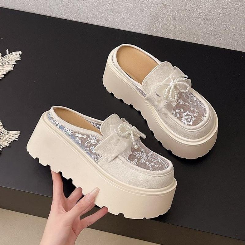 Fashion Platform Slippers Women's Fashion Round Head Deep Mouth Suede Mesh Beaded Butterfly Knot Waterproof Platform High Heels