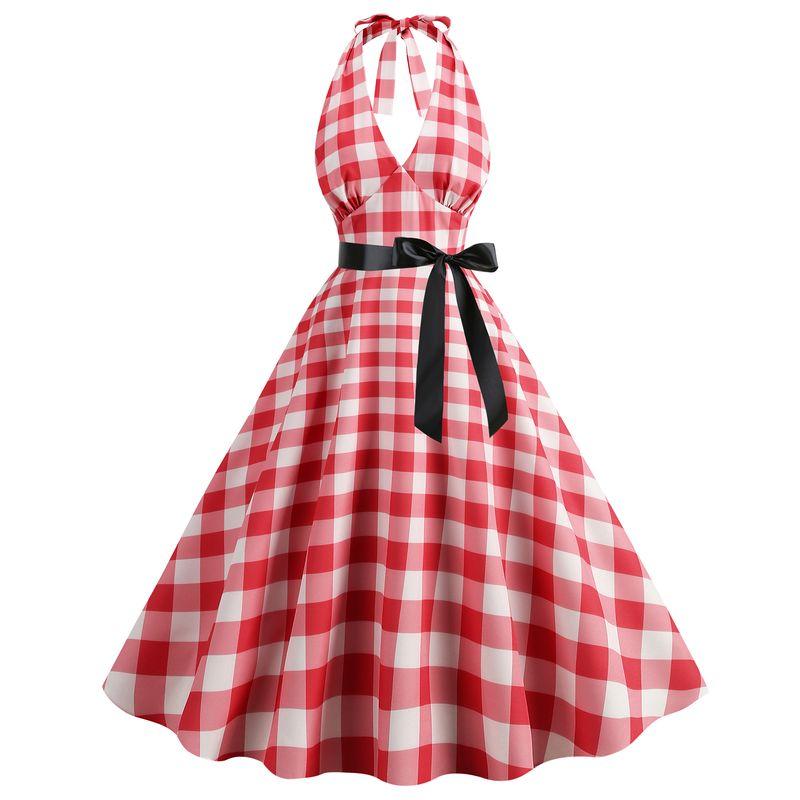 

Summer Sweet Retro S Sense Plaid V-neck Open Back A- line Barbie Pink Halterneck Dress Dance Skirt Belt for Free 9758 red ribbon 2XL