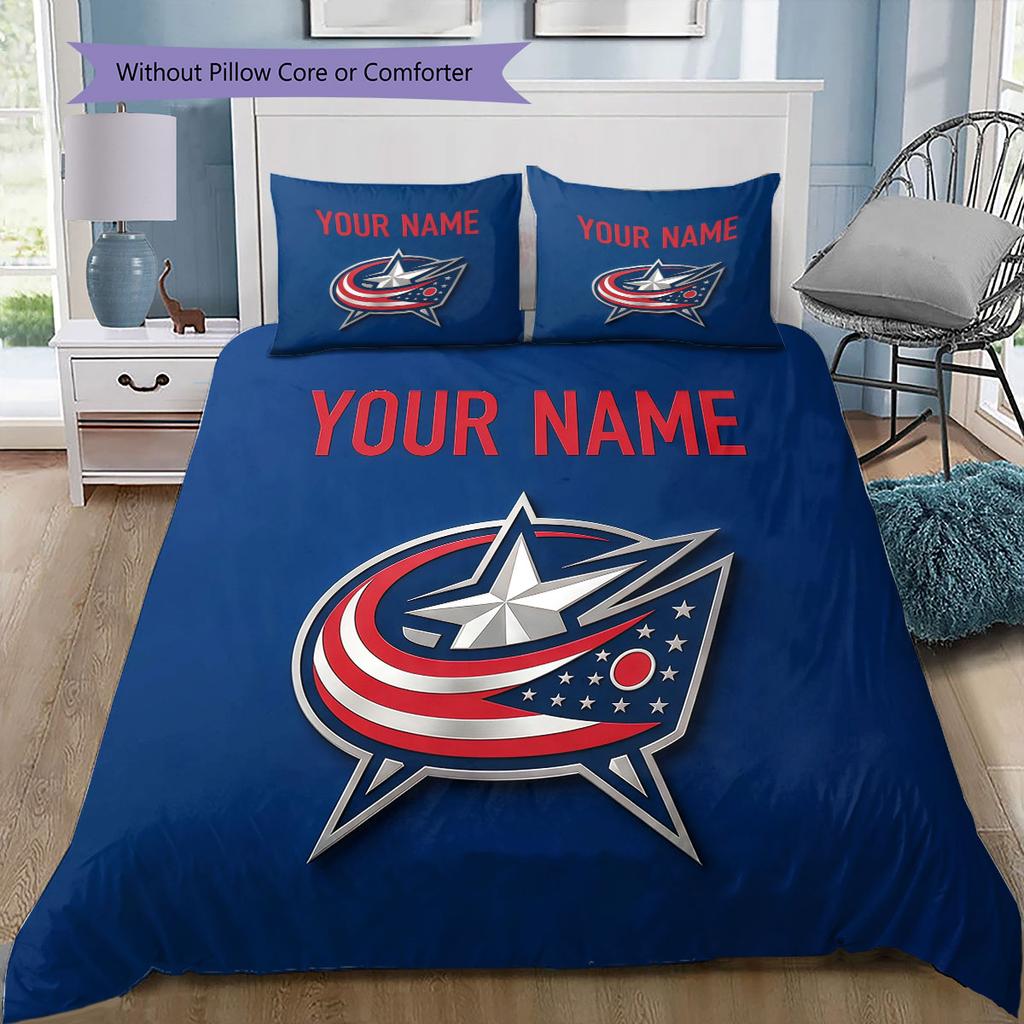 Custom Name,Columbus Blue Jackets Pattern Bedding Home Decoration Birthday Gift ( 1 Duvet Cover + 2 Pillowcase, Without Core),fan Merchandise.