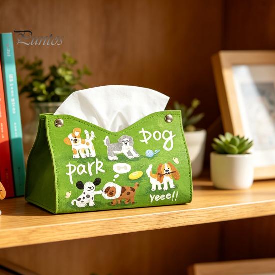 Desktop Organizer Box Leather Tissue Cover with Cartoon Puppies Pattern, Foldable Organizer, Napkin Holder Dorm Room Storage Case, Facial Paper