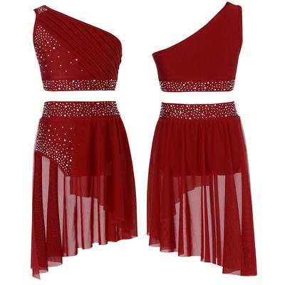 Girls Shiny Rhinestone Lyrical Dance Outfit Sheer Mesh Overlay One Shoulder Crop Top with Skirted Briefs