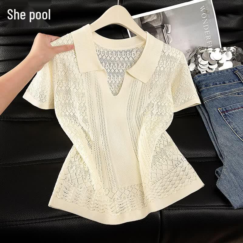 Elegant Crochet Lapel Knit Short-Sleeve Top S