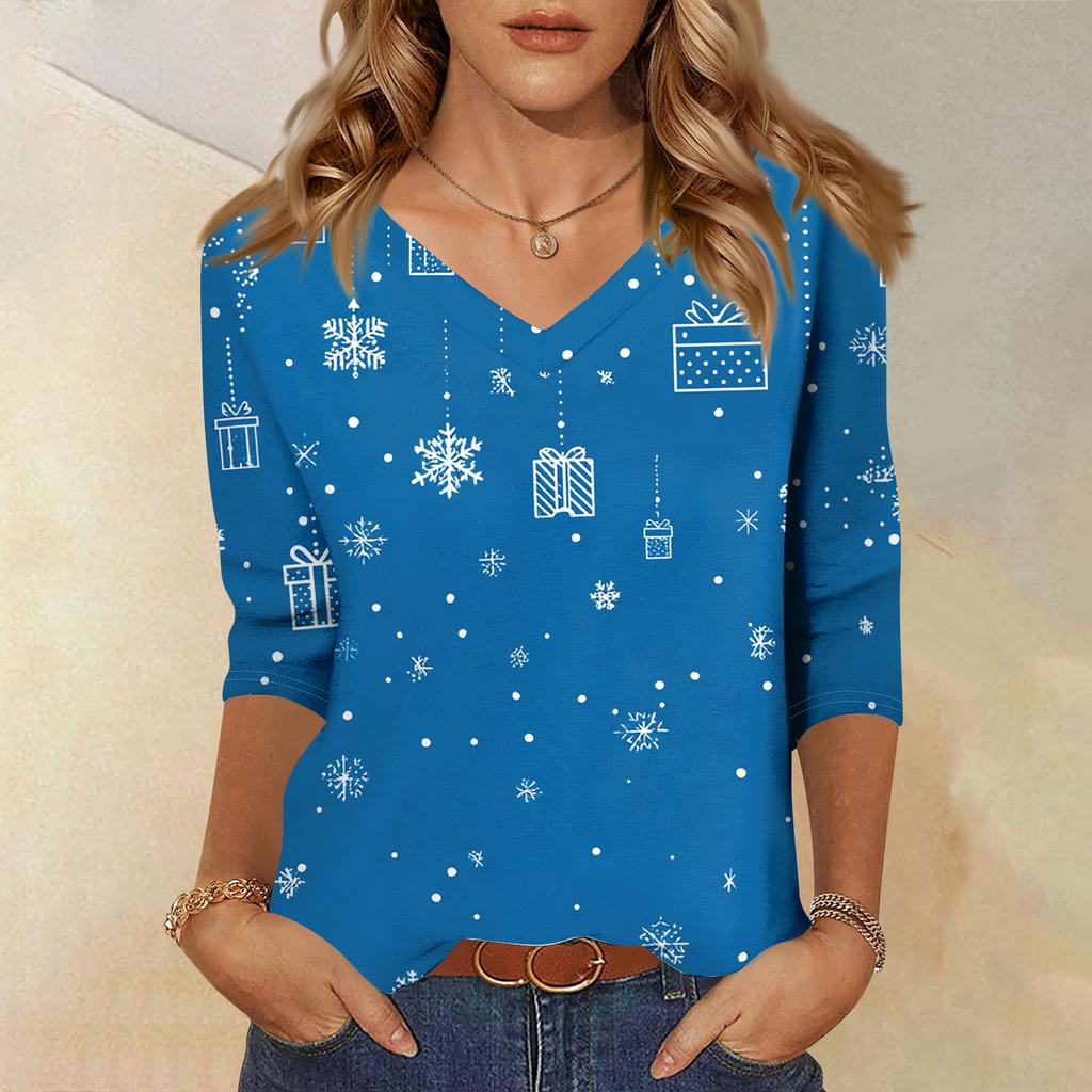 Women's T Shirt CHristmas Print 3/4 Sleeve Daily Weekend Fashion Basic V- Neck Regular Top