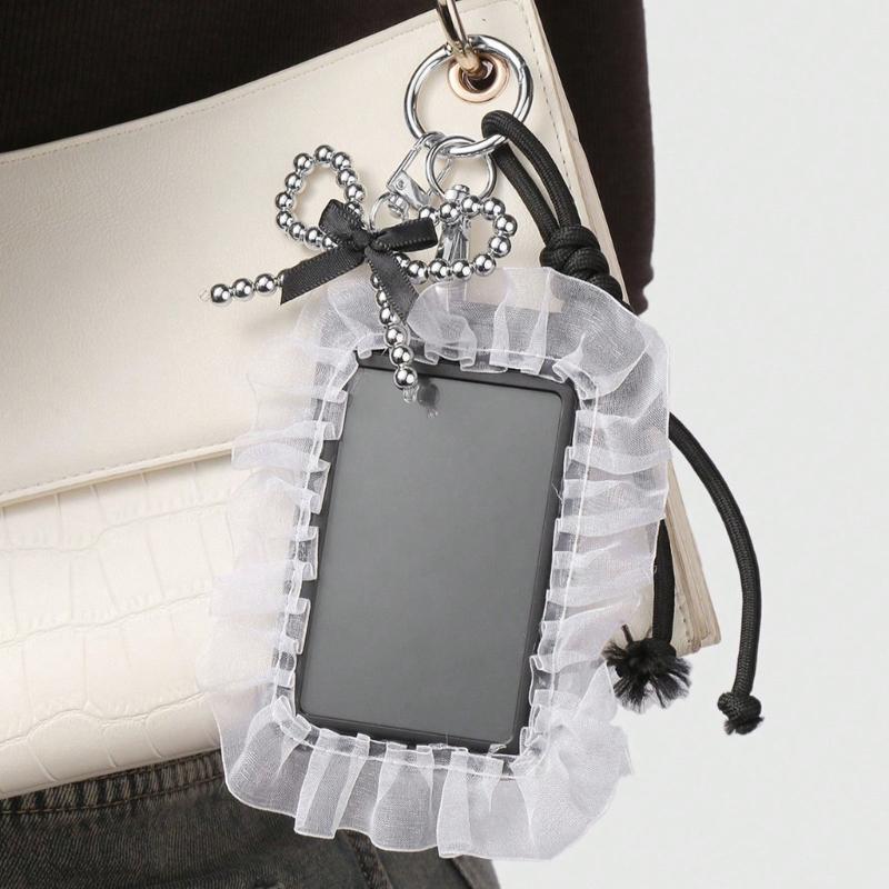 Elegant Badge Holder Gothic Bowknot Keychain Beaded Lace Card Charm Accessory Alternative Fashion Keyring