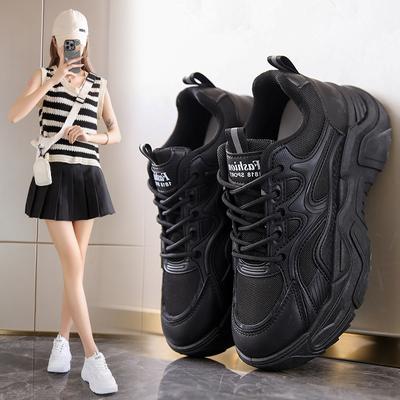 Fashion Women's Vulcanized Running Sneakers 2024 Autumn New Thick-soled Lace-up Flats Solid Color Fashionable and Comfortable Dad Shoes