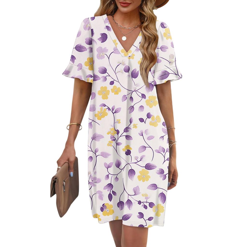 Women's Summer Floral Print Dress Pleated Short Sleeve V-Neck Pocket Casual Dress