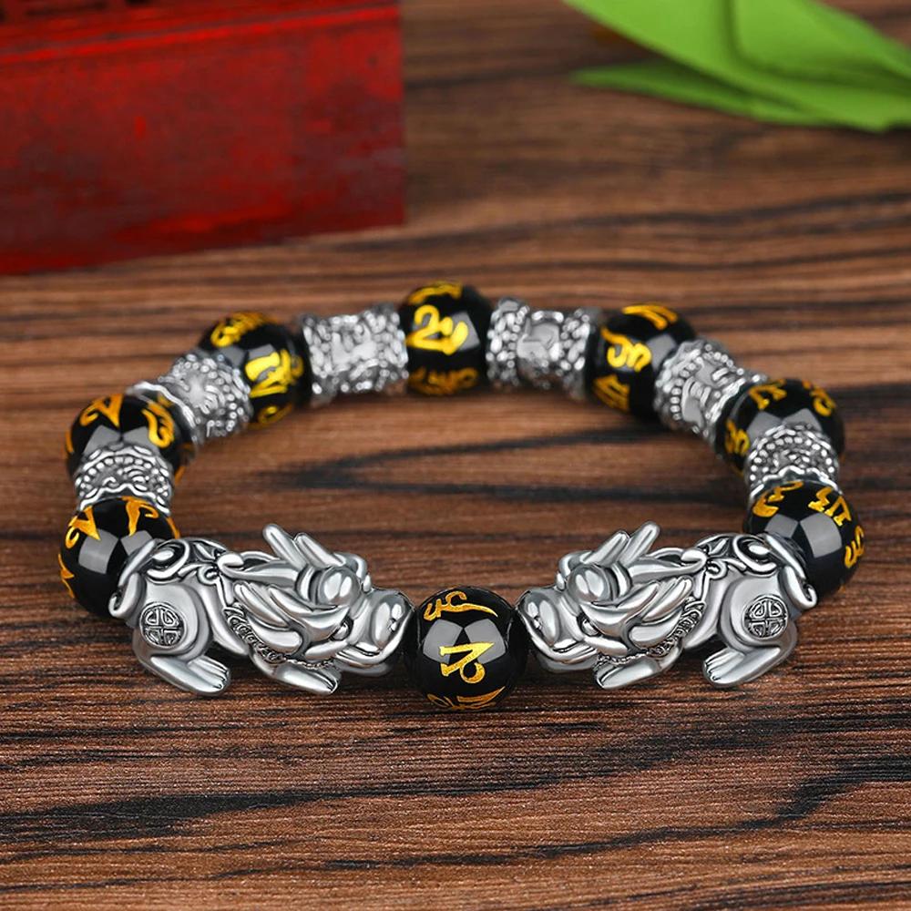 Unisex Pixiu Bracelet Obsidian Stone Beads Feng Shui Wealth Attraction Good Luck Bangle for Men Wristband Jewelry