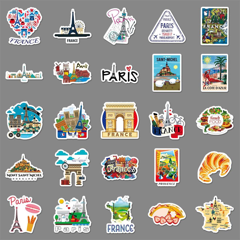 50 French Landmark Cartoon Travel Stickers for Suitcase Decoration