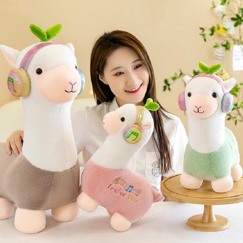 Headphones Alpaca Wear Plush Toy Soft Short Plush Stuffed Animal Home Decoration