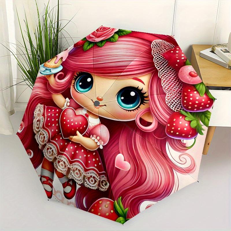 

Strawberry Princess Automatic folding umbrella simple eight rib design, bright color pattern, durable iron frame, ideal for travel and outd