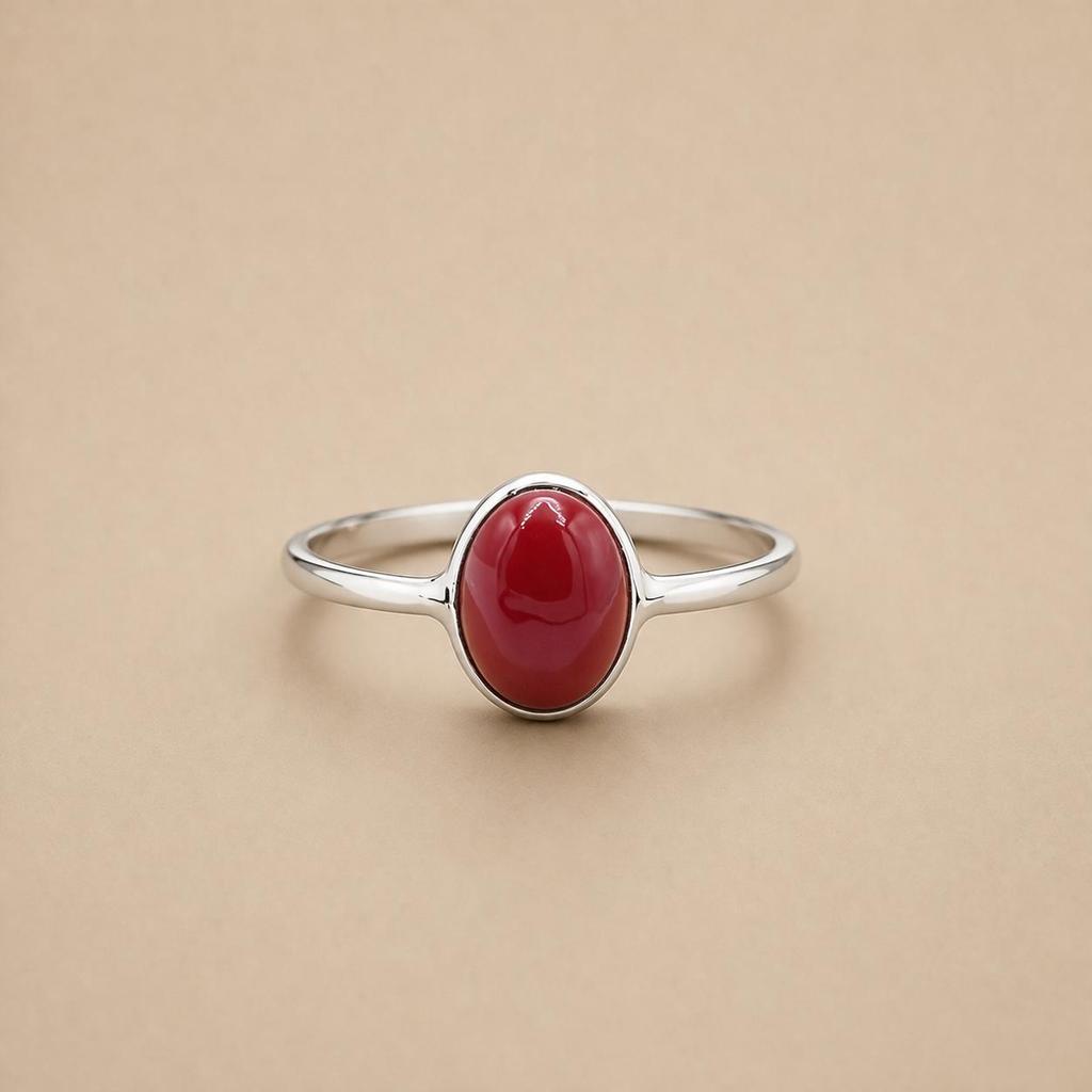 Red Coral Oval Bezel Ring, 925 Sterling Silver Statement Ring, Handmade Boho Gemstone Jewelry