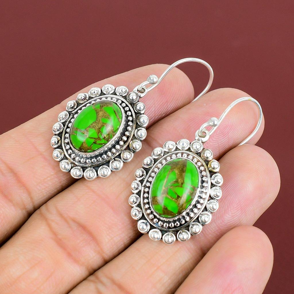 Σκουλαρίκι Πράσινο Τυρκουάζ Χαλκού 925 Ασήμι Στερλίνας Σκουλαρίκια Σκουλαρίκι με Πολύτιμο Λίθο Λεπτό Κόσμημα Vintage Σκουλαρίκι Δώρα Για τη Σύζυγο Χειροποίητα Σκουλαρίκια