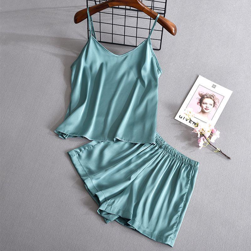 

New Solid Color Sexy Suspender Pajamas Suit Thin V-neck Sleeveless Pajamas Green XXL