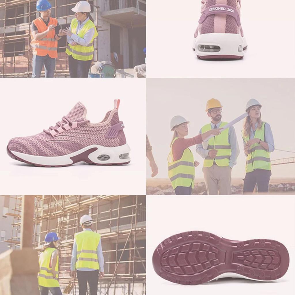 Pink Ladies Steel Toe Safety Shoes Anti Crush Breathable Air Cushioned Women's Work Shoes Fashionable Upgraded Design