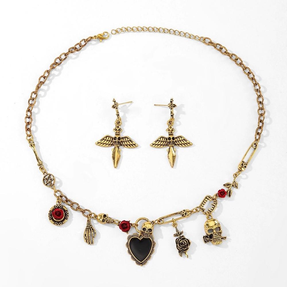 Halloween Skull Jewelry Set With Vampire Rose Pendant And Earrings For Men And Women